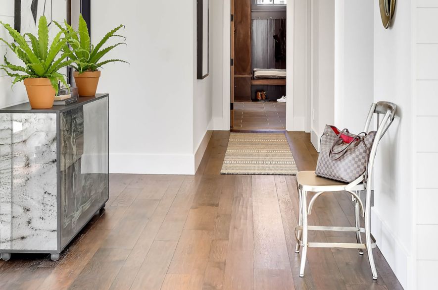 wood look hallway tiles.