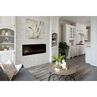 Thumbnail image of Living room and kitchen with wood look tile on floor.  White tile on backsplash in kitchen and textured stone on fireplace.