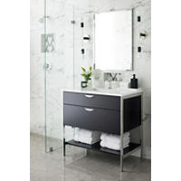 Thumbnail image of Bathroom with black and white marble look tile on walls and grey marble look floor tile.  Walk in shower and vanity with mirror.