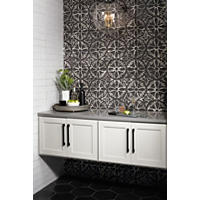 Thumbnail image of Bar display with black hextagonal tile on floor white subway on walls and printed tile as feature wall.