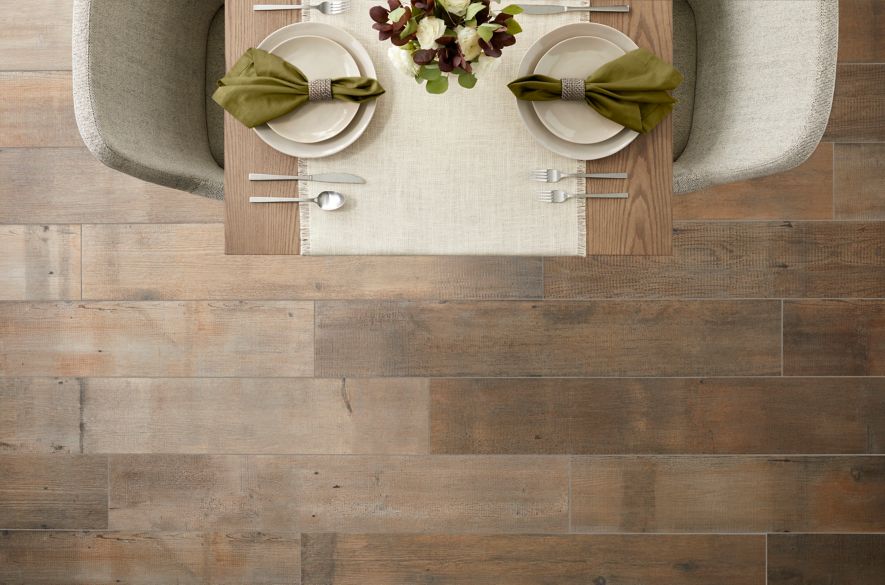 Brown wood-look kitchen floor tile.