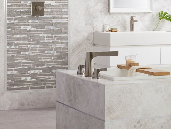 White and grey marble bathroom.