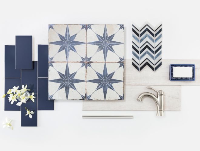 Star blue encaustic-look tile with an assortment of other blue and ivory tile.