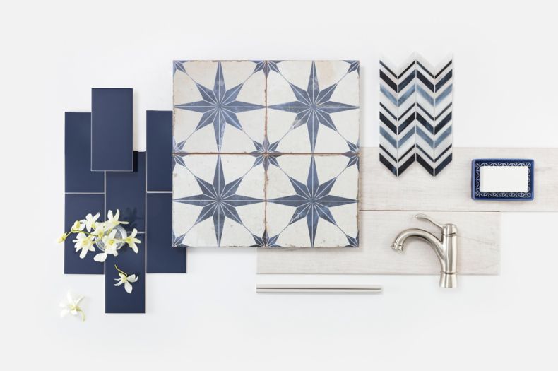 Star blue encaustic-look tile with an assortment of other blue and ivory tile.