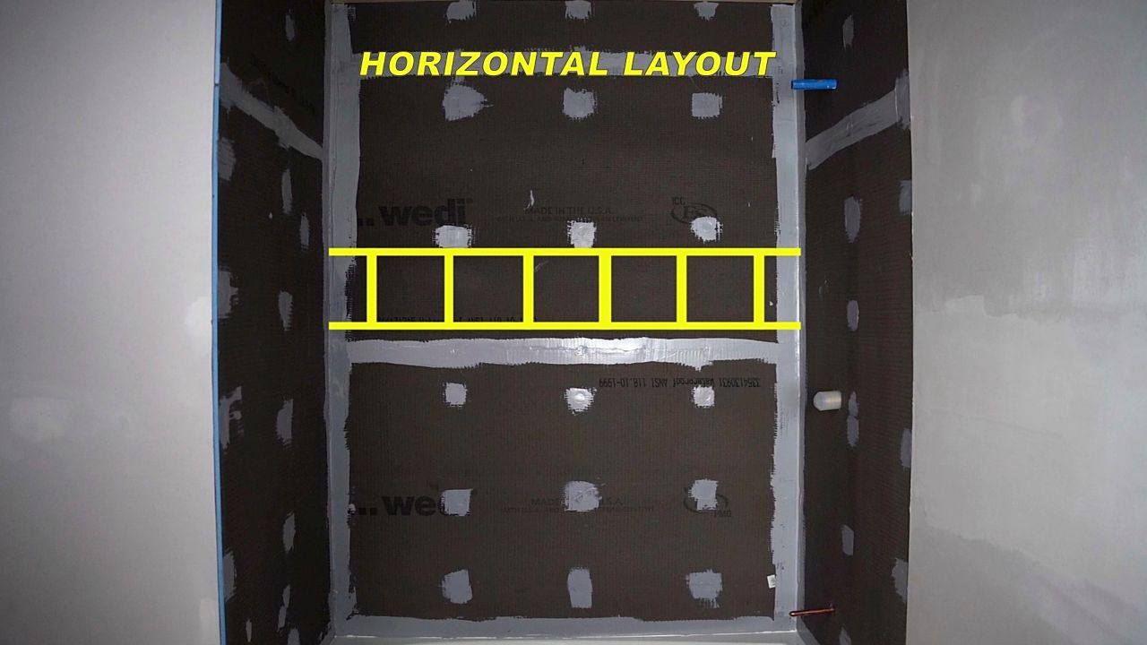  Illustration showing where tile will be installed on a shower wall, demonstrating how to calculate how many full tiles will fit in a single row.