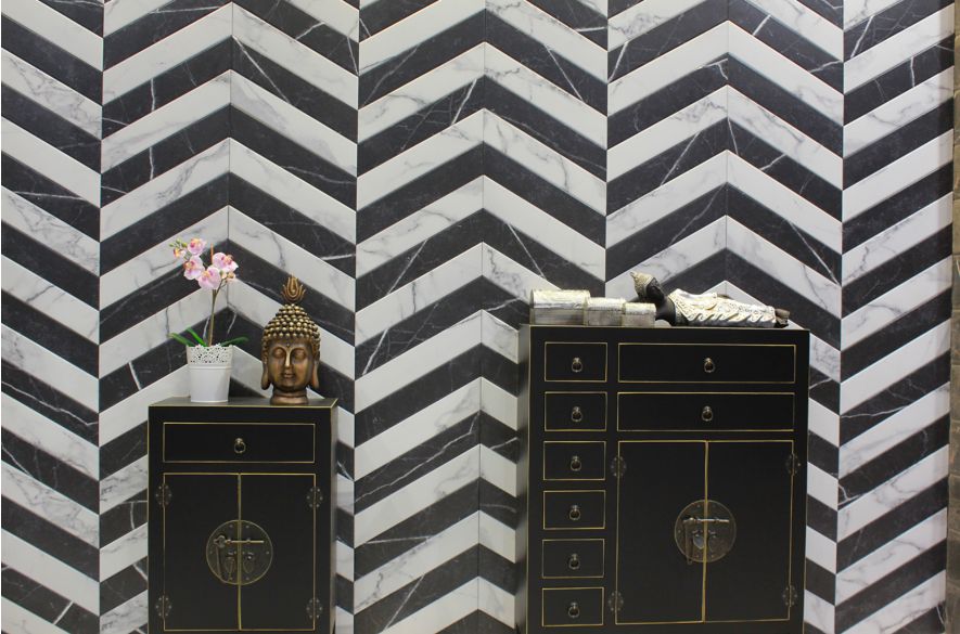 Black and white porcelain chevron wall tile. 