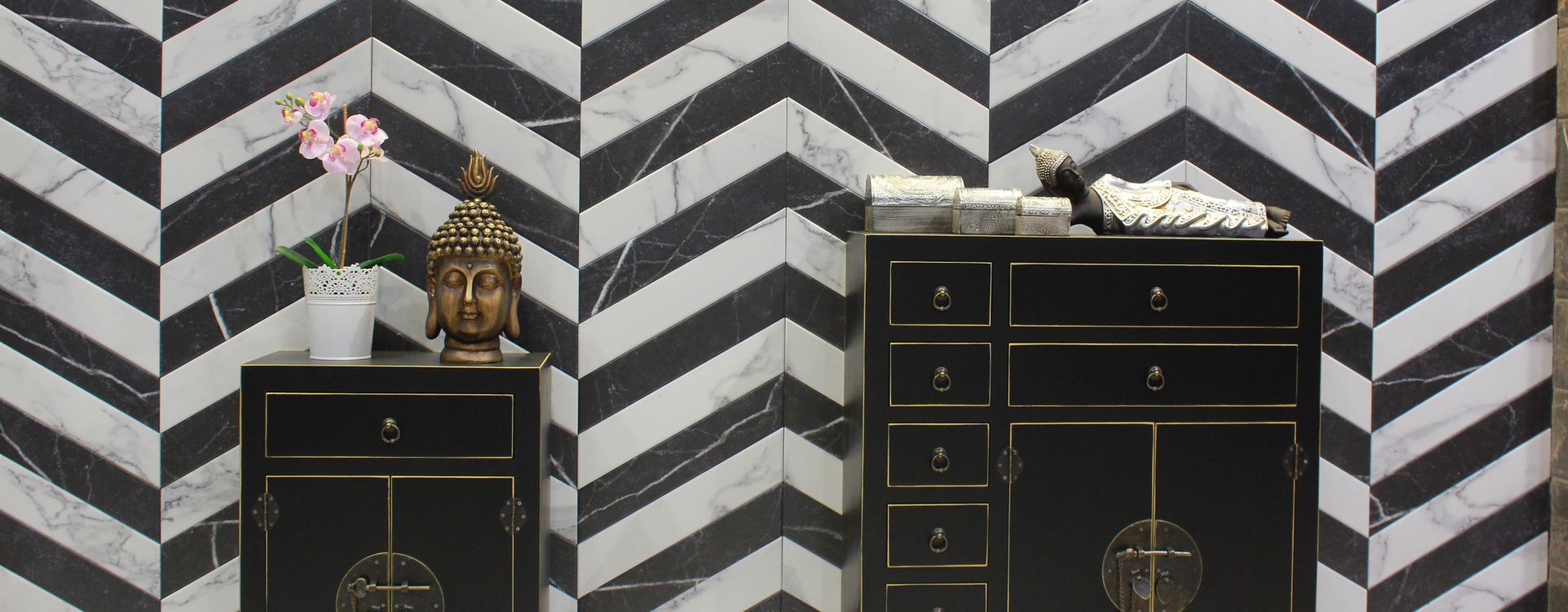 Black and white porcelain chevron wall tile. 