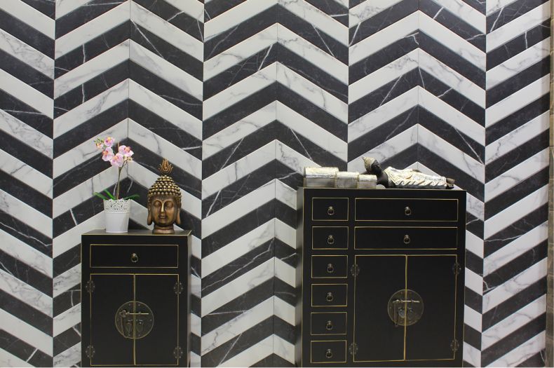 Black and white porcelain chevron wall tile. 