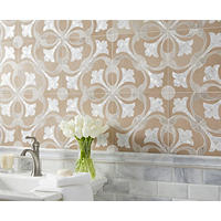 Thumbnail image of Bathroom wainscoting with multi finished mosaic on top and pillowed natural marble on bottom divided with double profiles in neutral tones 
