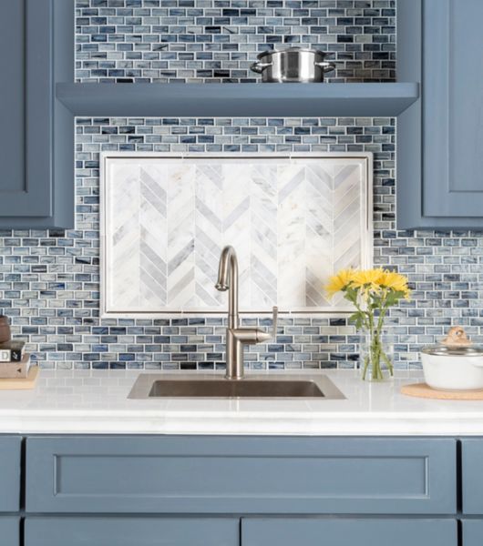 Mosaic Tile The, White Kitchen With Blue Glass Tile Backsplash