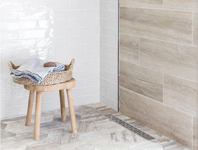 Shower with wood look tile.