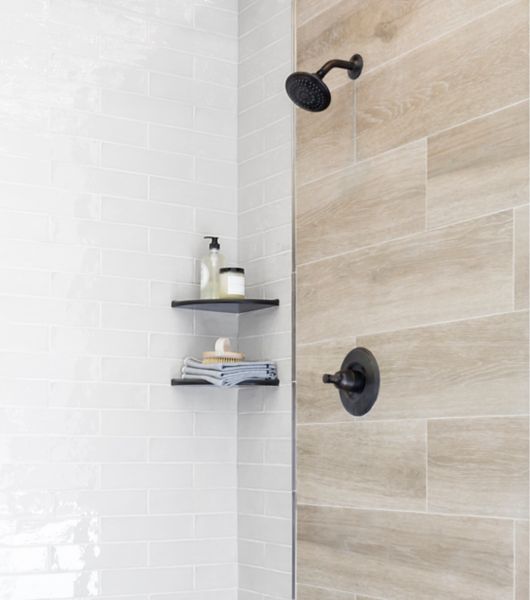 Shower with wood look tile.