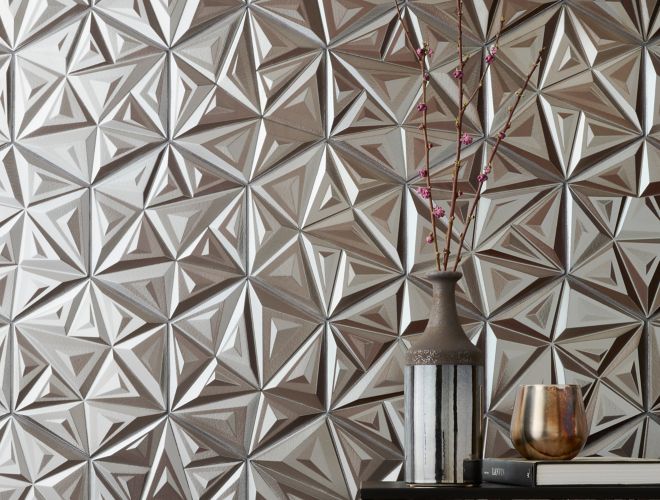 Metallic silver, 3-D geometric wall tile in contemporary entry way. 