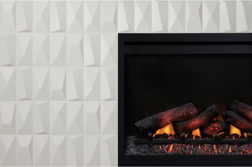 Sculptural wall tiled fireplace.