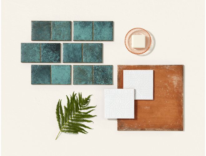 Turquoise tile, brown textured tile, and white patterned tile with Mediterranean style.