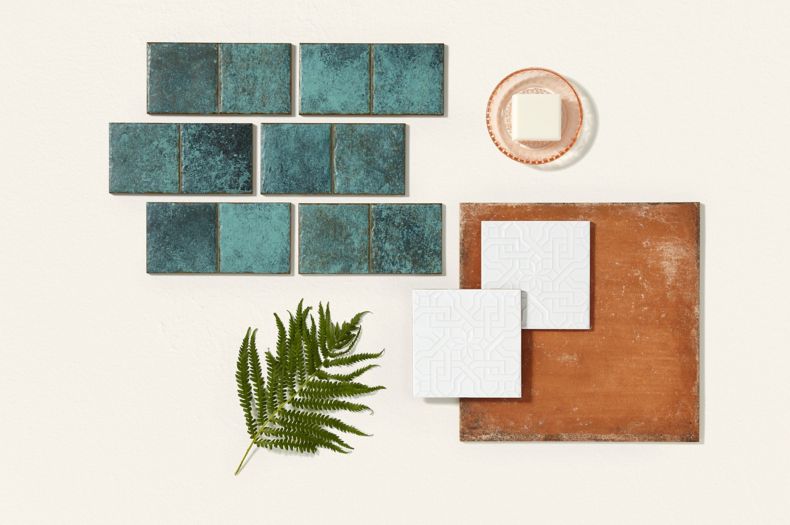 Turquoise tile, brown textured tile, and white patterned tile with Mediterranean style.