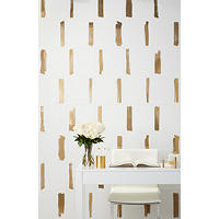 Thumbnail image of With a metallic gold brush stroke on one side, this asymmetrical ceramic tile is the main feature in this image.  A modern office area is unified with similar tones and luxury.
