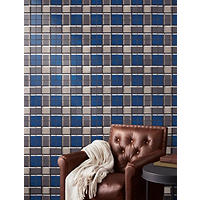 Thumbnail image of Focal point is the tiled accent wall in this seating area. Featuring a mix of deep blue, black, white and neutral grey tones. This 8" encaustic tile uses a series of squares and lines to create the appearance of a mosaic layout with subtle overlapping borders. 