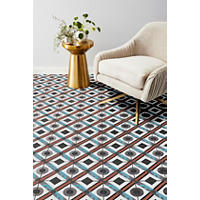 Thumbnail image of Seating area with 8" encaustic tile with a art deco pattern featuring a mix of subtle crimson, teal, grey and black tones.