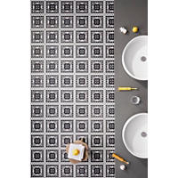 Thumbnail image of Bathroom floor features shades of black, white and grey. This 8" x 8" encaustic tile design uses an array of circular shapes in a series of sizes creates an alluring pattern that will draw attention and make an impact. 