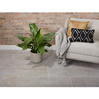 Thumbnail image of Modern, minimalistic and industrial, Gravity Silver adds a striking element to a contemporary design. Large-format 12" x 47" porcelain planks with rectified edges finish the layout crisply.
