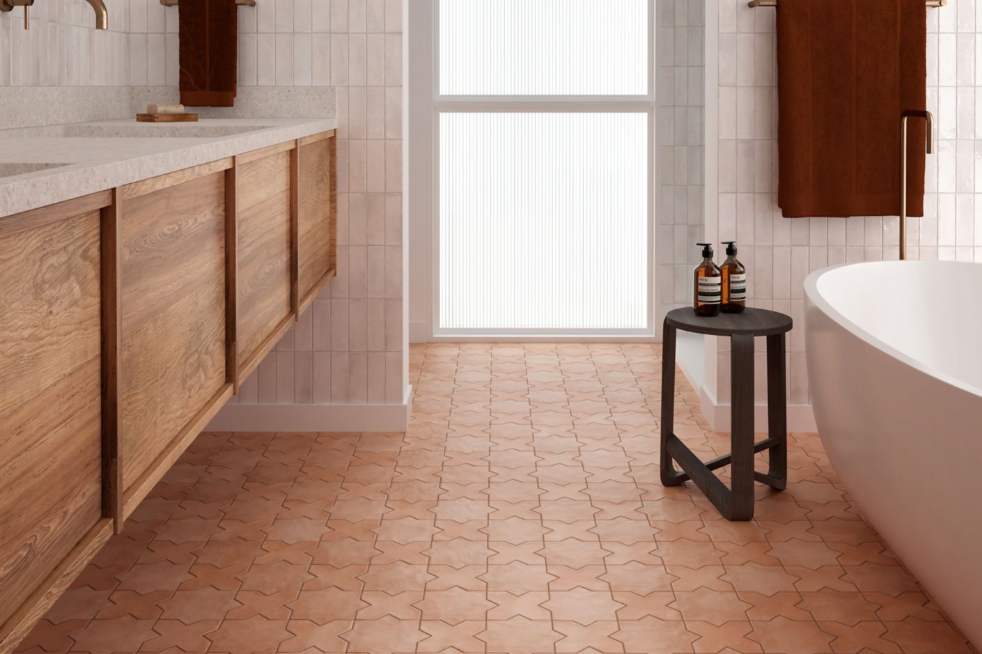 This bathroom features a star- and cross-shaped terracotta tile floor. 