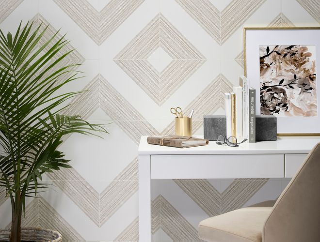 White and gold ceramic diamond pattern wall tile in a contemporary home office.