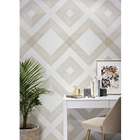 Thumbnail image of White and gold ceramic diamond pattern wall tile in a contemporary home office.