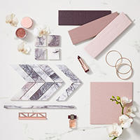 Thumbnail image of Pink ceramic subway tiles, blush porcelain tile, and white marble mosaics with purple veining with flowers and lipstick.