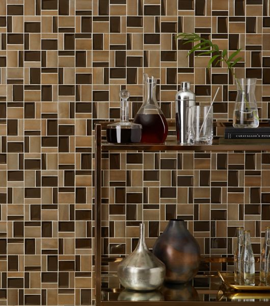 Bronze and brown glass mosaic used on a bar accent wall.