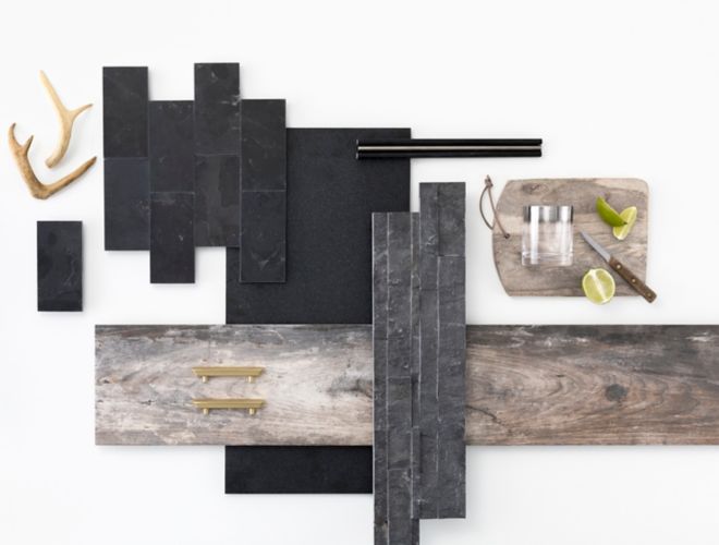 Masculine assortment of black noir and rustic wood-look tiles.