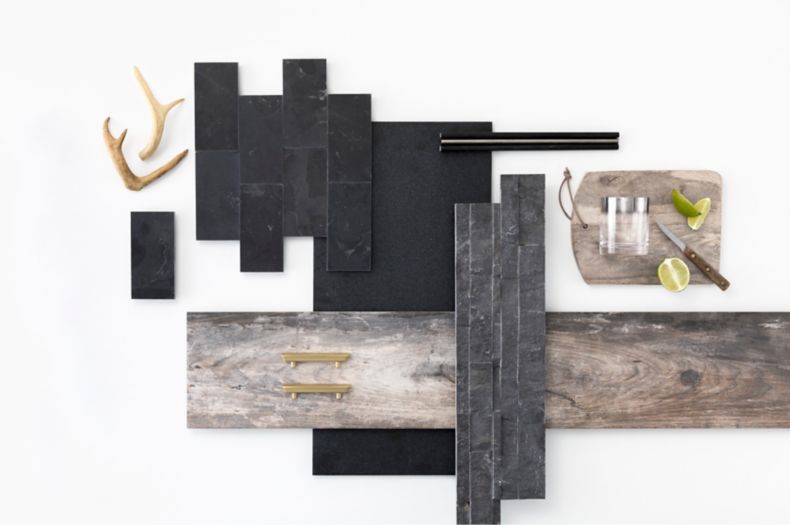 Masculine assortment of black noir and rustic wood-look tiles.