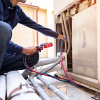 Technician is checking air conditioner ,measuring equipment for filling air conditioners.