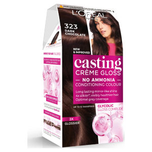 Casting 323 Dark Chocolate: No Ammonia, glossy, lasts 32 washes, 3x glossier, 4x silkier, healthier.