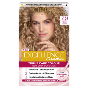 Excellence Créme 7.31 Dark Carmel Blonde: 100% Grey, nourished, for luminous results.