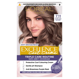 Excellence Cool Crème 7.11 Ultra Ash Blonde: No Yellow, 100% Grey, for a luminous finish.