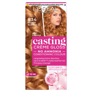 Casting 834 Amber Blonde: No Ammonia, glossy, lasts 32 washes, 3x glossier, 4x silkier, healthier.