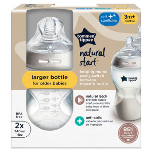Tommee Tippee Baby Bottles, Natural Start Anti-Colic Baby Bottle, Medium Flow, 340ml, 3m+, Pack of 2