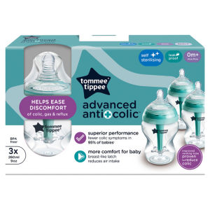 Tommee Tippee Baby Bottles, Advanced Anti-Colic Baby Bottle,  Slow Flow, 260ml, 0m+, Pack of 3