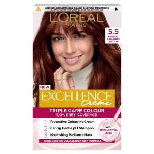 Excellence Créme 5.5 Mahogany Brown: 100% Grey, nourished hair, for a rich deep tone.