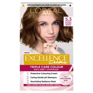 Excellence Créme 5.3 Golden Brown: 100% Grey, nourished shine, for rich vibrant results.