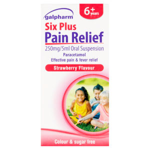 Six Plus Pain Relief 250mg/5ml Oral Suspension Paracetamol Strawberry Flavour 6+ Years 80ml