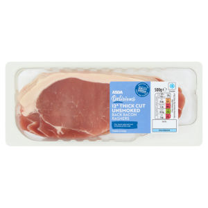 Delicious 12 Thick Cut Unsmoked Back Bacon Rashers 500g