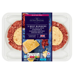Extra Special 2 Beef Burgers with Cave Aged Cheddar & Caramelised Red Onion Melts 300g