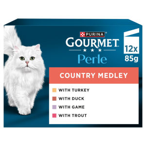 GOURMET Perle Mini Fillets in Jelly Country Medley (Turkey,Trout,Duck,Game) Wet Cat Food 12x85g