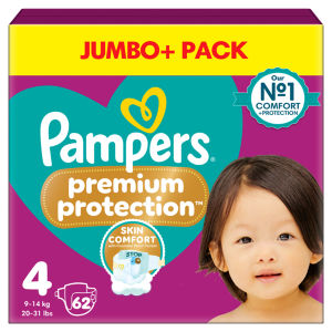 Premium Protection Size 4, 62 Baby Nappies, 9kg-14kg, Jumbo+ Pack