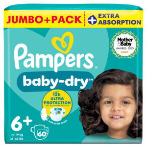 Pampers Baby-Dry Size 6+, 60 Nappies, 14kg-19kg, Jumbo+ Pack