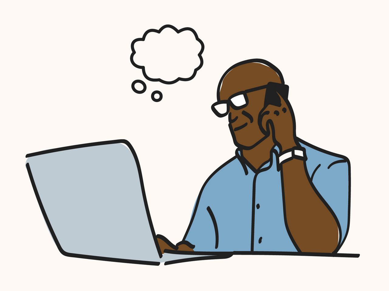 An illustration of someone using a laptop computer, deep in thought.
