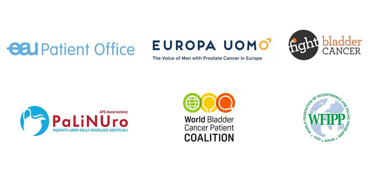 Logos for the European Association of Urology Patient Office, Europa Uomo, Fight Bladder Cancer, Associazione Palinuro, the World Bladder Cancer Patient Coalition and the World Federation of Incontinence and Pelvic Problems. 