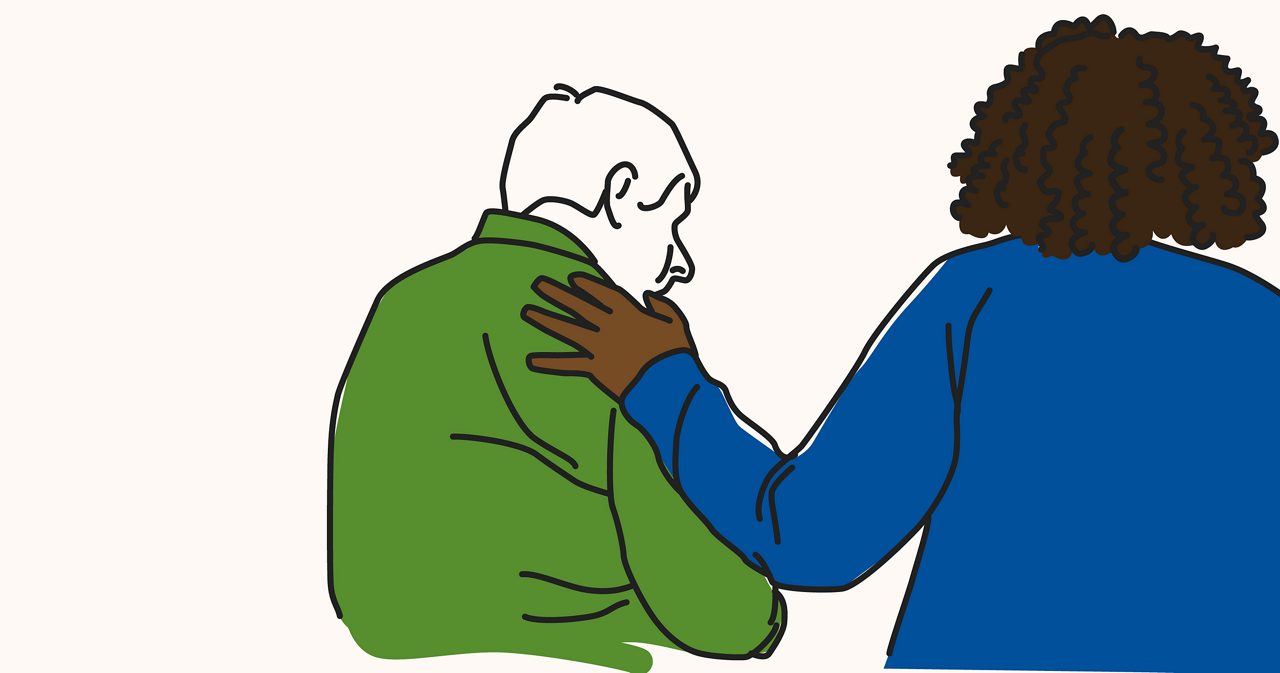 An illustration of a person with their hand on another person's shoulder as if lending support, viewed from behind.